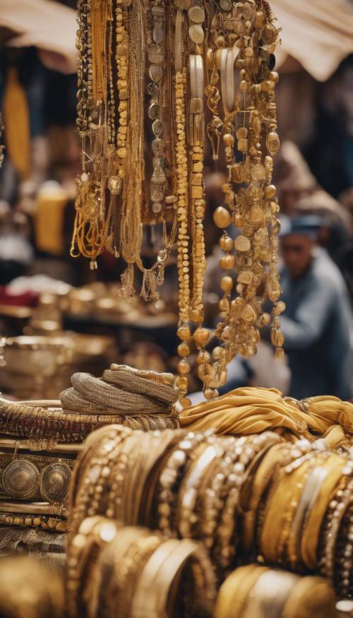 Un bullicioso mercado en Marruecos, repleto de joyas de oro y telas amarillas.