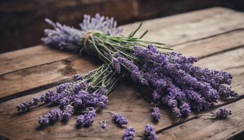Meja kayu bergaya pedesaan yang dihiasi seikat bunga lavender yang baru dipetik.