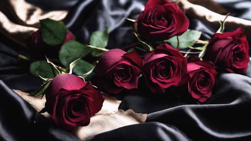 טבע דומם בסגנון גותי של ורדים בצבע ארגמן כהה עטוף על בד קטיפה שחור.
