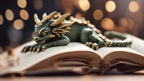 A miniaturized pocket-sized dragon curled up sleeping on an open book.