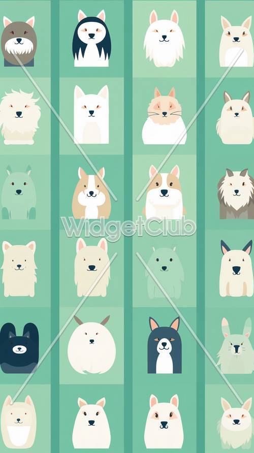 Cute Cartoon Dogs on Green Background