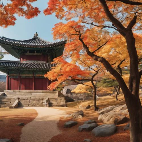 O deslumbrante jardim secreto do Palácio Changdeokgung em Seul, exibindo um espetáculo vibrante de cores de outono.