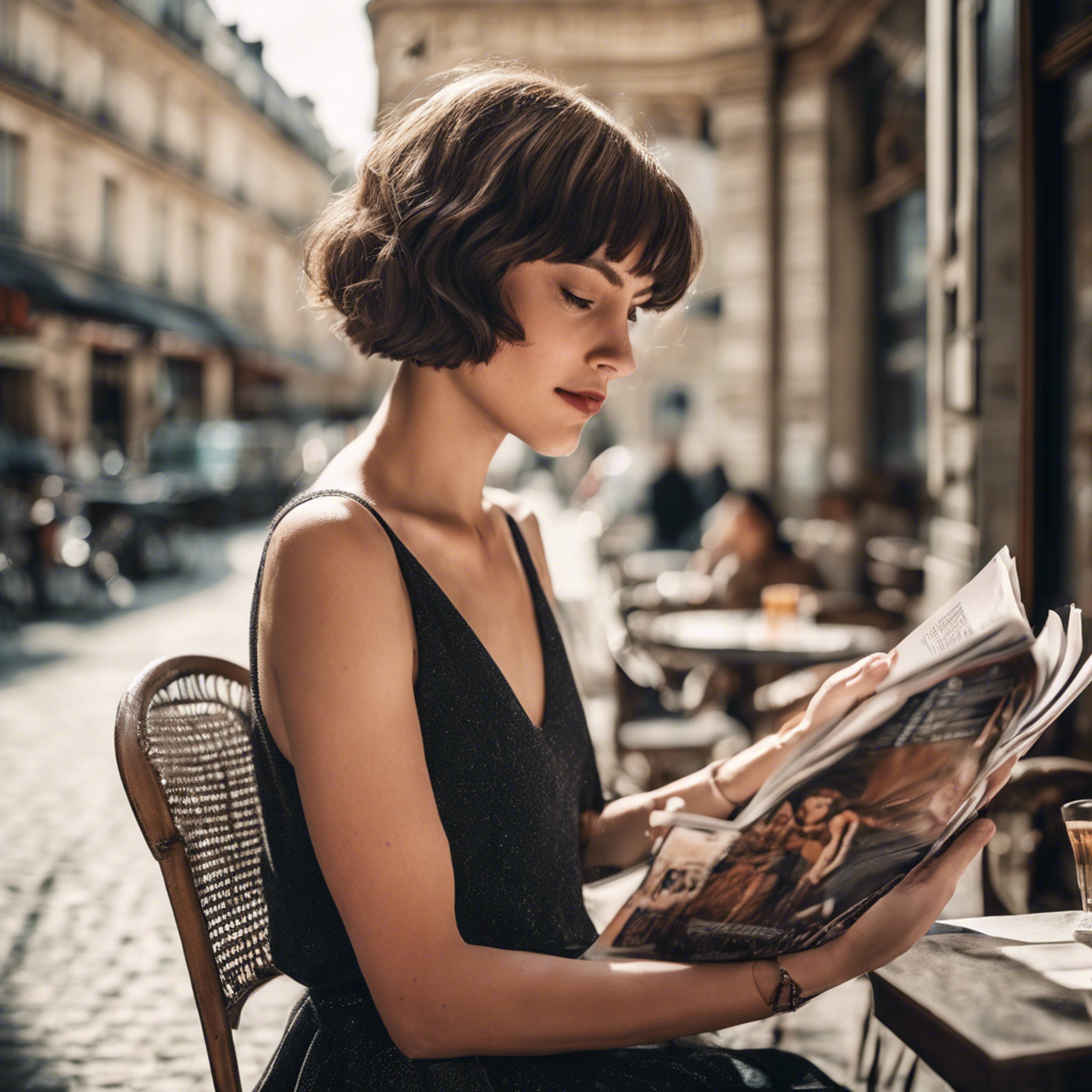 A young woman with a chic French bob haircut reading a fashion magazine at a Parisian café. ورق الجدران[b1696e20e31b4962ac1f]