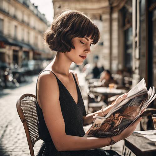 Eine junge Frau mit schickem französischen Bob-Haarschnitt liest in einem Pariser Café eine Modezeitschrift.
