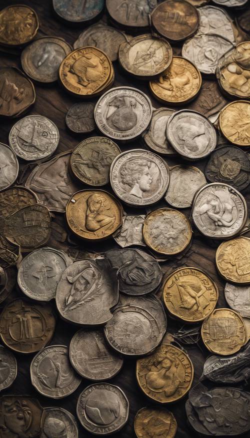Koin logam antik dari berbagai negara disusun rapi pada peta tua.