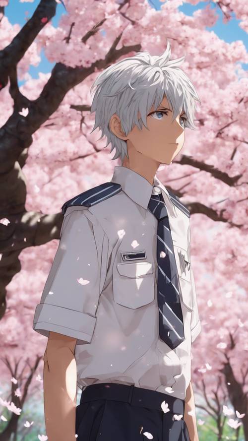 Một cậu bé anime tuổi teen với mái tóc bạc nhọn, mặc đồng phục học sinh, đứng dưới gốc cây hoa anh đào.