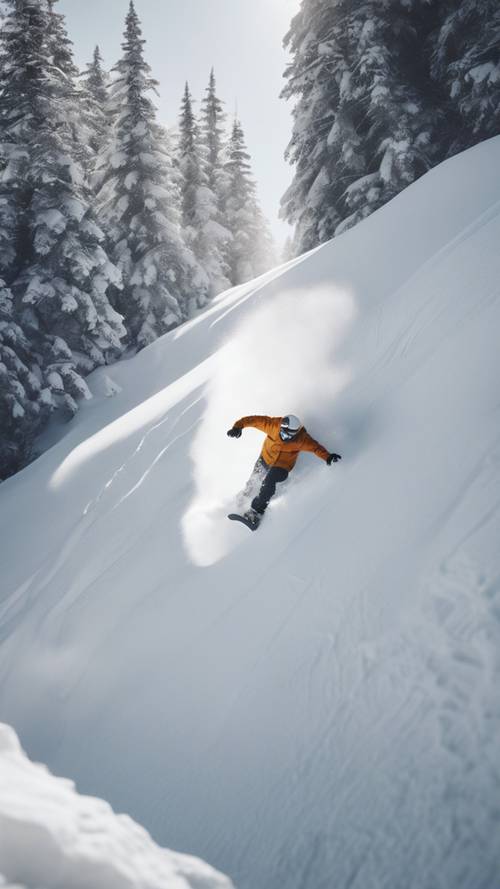 Pemandangan dari atas seorang snowboarder berlomba menuruni bukit di jalur pegunungan alpen yang segar dan tertutup salju.