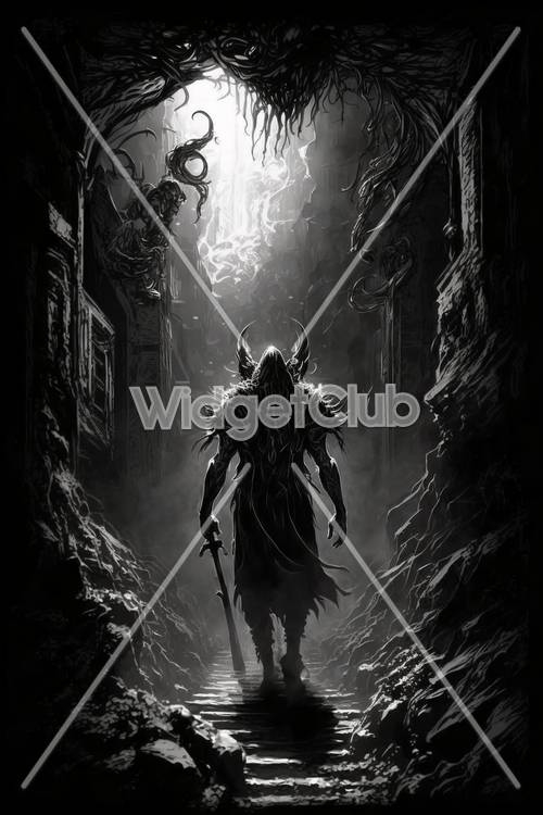 Mystical Warrior in a Dark Fantasy Corridor Tapet[26d403556c3447fcbe1b]