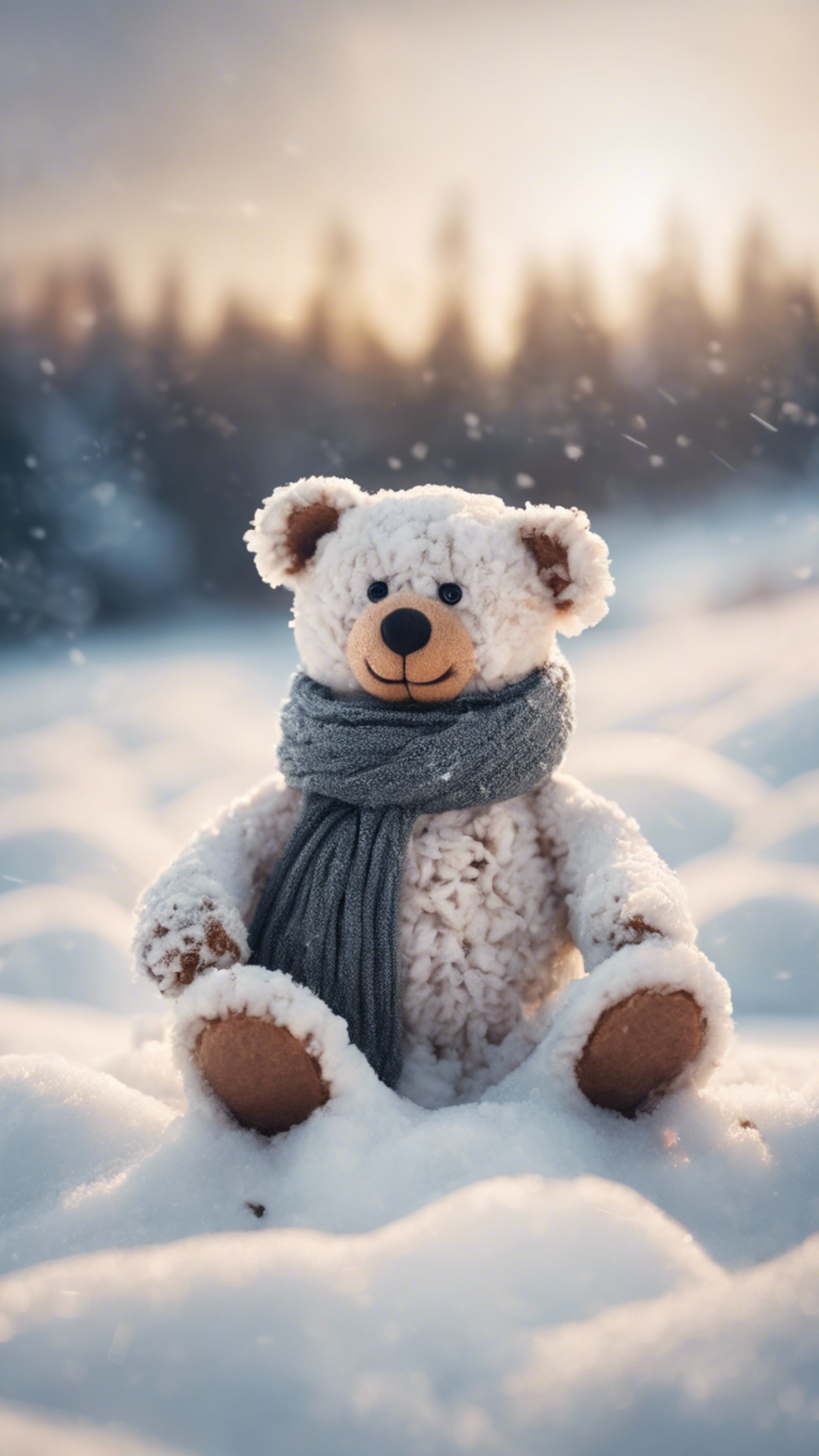 A snow teddy bear, complete with scarf and carrot nose, in a snowy landscape.壁紙[494492b943894866a018]