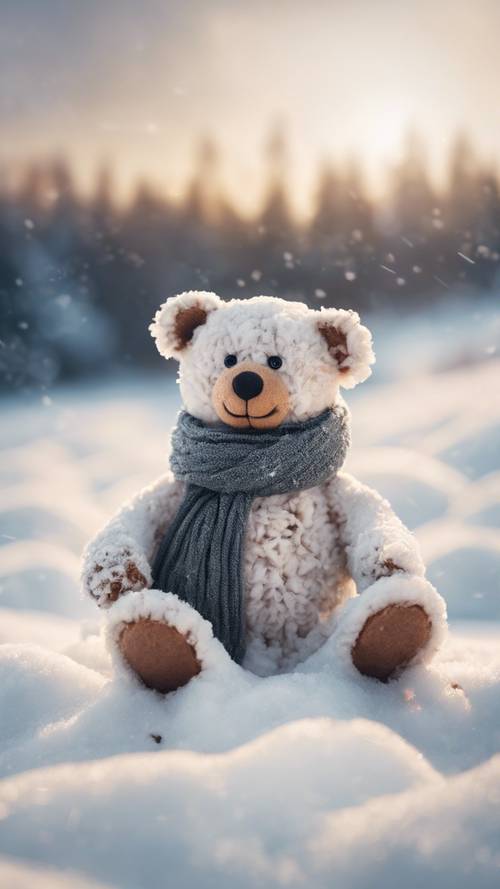 Karlı bir manzarada atkı ve havuç burunlu bir kar oyuncak ayısı.