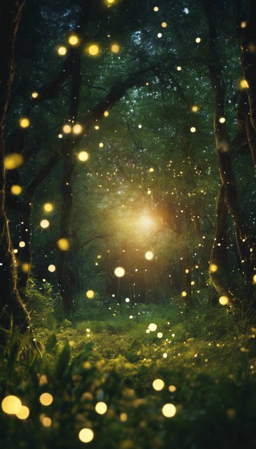 Une forêt verdoyante, éclairée par les lucioles par une radieuse nuit d’été.
