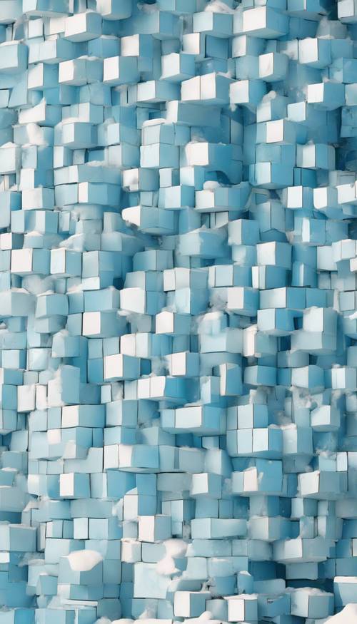 Padrões geométricos abstratos com linhas nítidas e blocos em tons de azul-celeste e branco-neve.