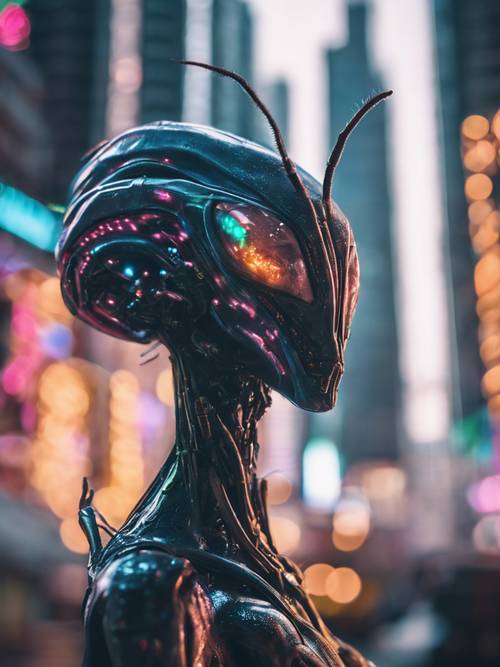 An alien mantis-like creature scuttling amongst the neon lights and towering skyscrapers of a futuristic metropolis.