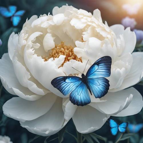 A white peony with a blue butterfly resting on its center