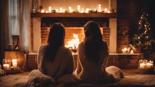 A couple sitting by a warm fireplace, enjoying a romantic evening together.