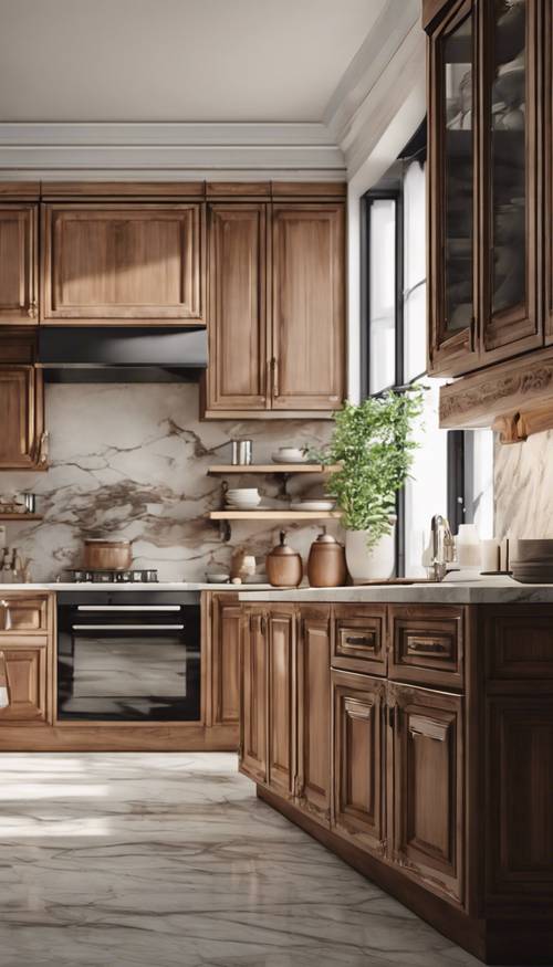 Gambar foto-realistis dapur Italia dengan lemari kayu dan meja marmer.