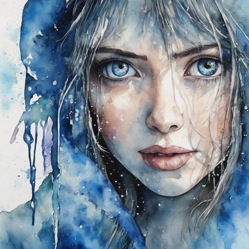 لوحة بالألوان المائية لعيون فتاة زرقاء اللون تفيض بالدموع التي لم تذرف. ورق الجدران [f68c9e7f605948db8cb9]