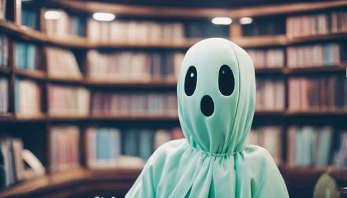 A kawaii ghost in a preppy uniform, floating in a spearmint library at night Kertas dinding [1289ce4020744289a237]