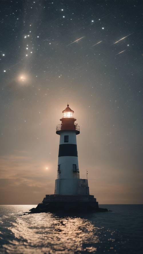 The Gemini constellation twinkling above a quiet, lonely lighthouse in the middle of the sea.