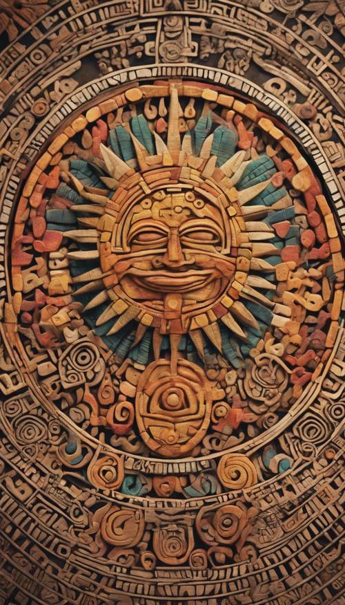 A smiling sun painted in the style of ancient Aztec art Behang [697977cef66243f7aa30]