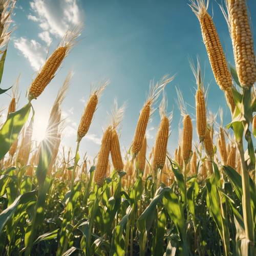 A tall field of corn under the clear blue sky, wafting in the gentle summer breeze.