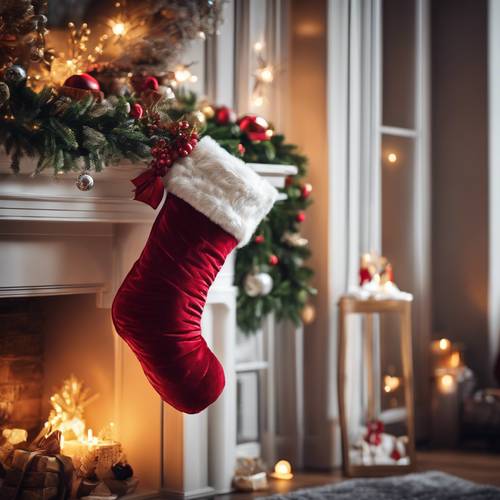 Элегантная рождественская обстановка с плюшевым бархатным чулком, наполненным подарками, свисающим с потрясающе украшенной мантии.