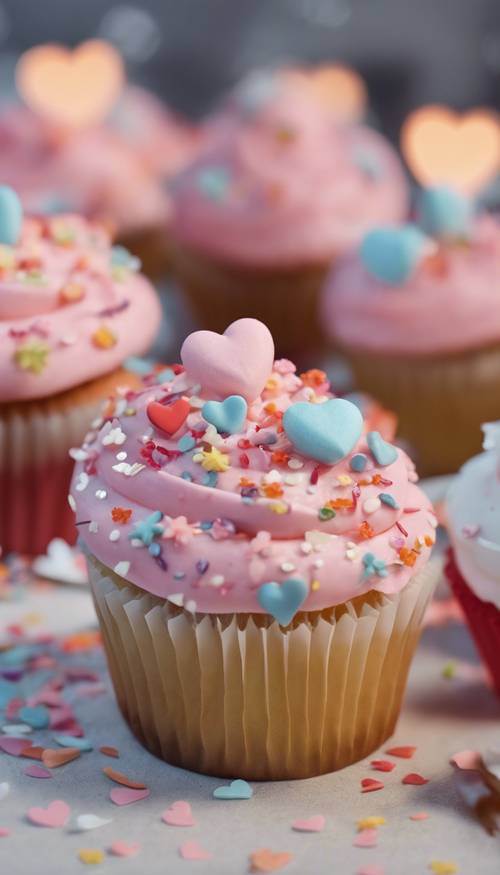 Wunderschön dekorierte Cupcakes mit herzförmigen Streuseln, angeordnet in einer Schachtel.