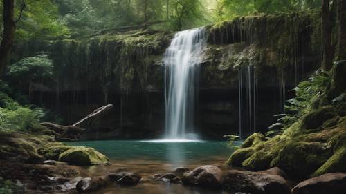 A serene waterfall in a dense forest with 'I flow with the rhythm of life' appearing in the falling water.