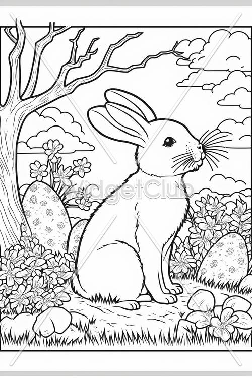 Página para colorear del conejito de Pascua y los huevos en la naturaleza