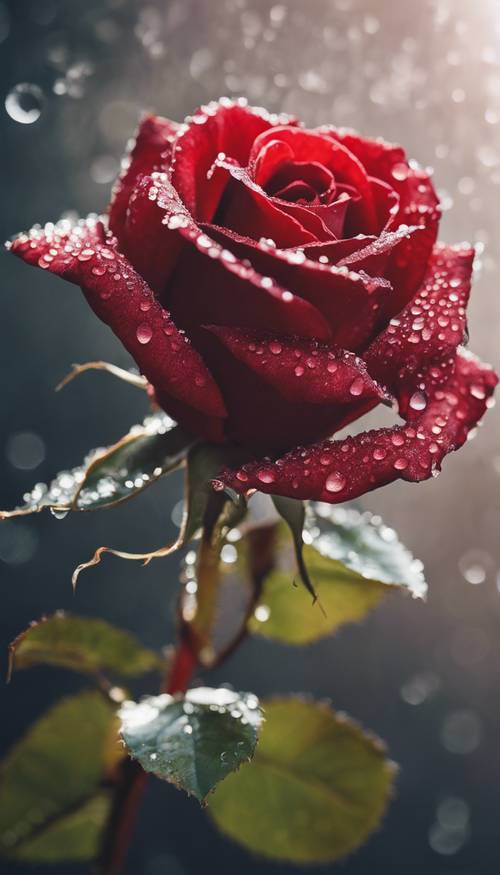 这是一朵红玫瑰的特写，花瓣上粘着细密的露珠。