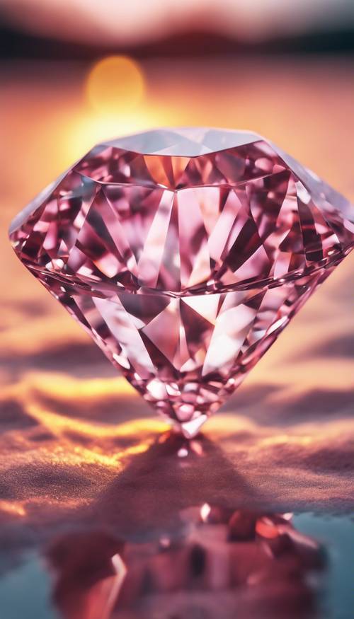 一颗华丽的白色钻石和一颗粉红色钻石反射着落日的色彩。