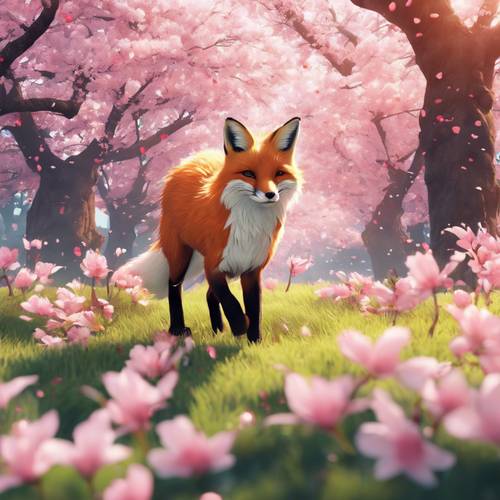 Un zorro de estilo anime retozando en un campo repleto de vibrantes flores de cerezo.