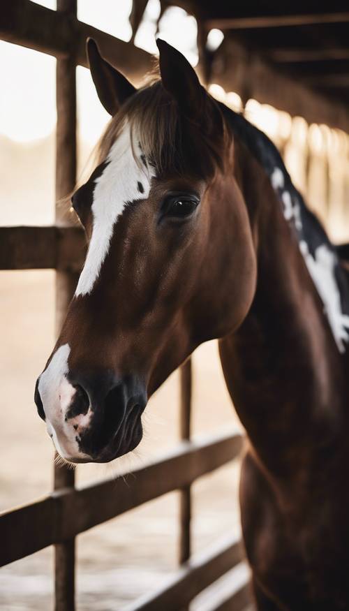 Un cavallo da pastore che dorme in una stalla buia, con l&#39;ultimo raggio di crepuscolo che ne mette in risalto la sagoma.