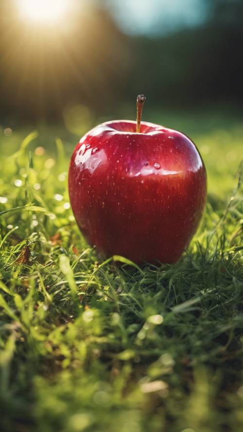 Sebuah apel merah cerah tergeletak di lapangan hijau berumput di bawah langit yang diterangi matahari.
