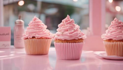 An image of a pastel pink cafe with a kawaii theme serving preppy styled cupcakes