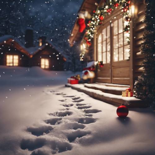 A snowy Christmas Eve with Santa’s footprints leading to chimney. Валлпапер [6340eccd5a6b42a8b9bf]