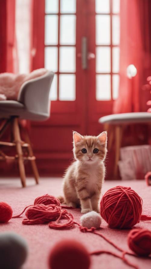 Yumuşak bir halısı, etrafa dağılmış sevimli peluşları ve iplik yumağıyla oynayan oyuncu bir kedi yavrusu olan, kırmızı kawaii temalı bir oda.