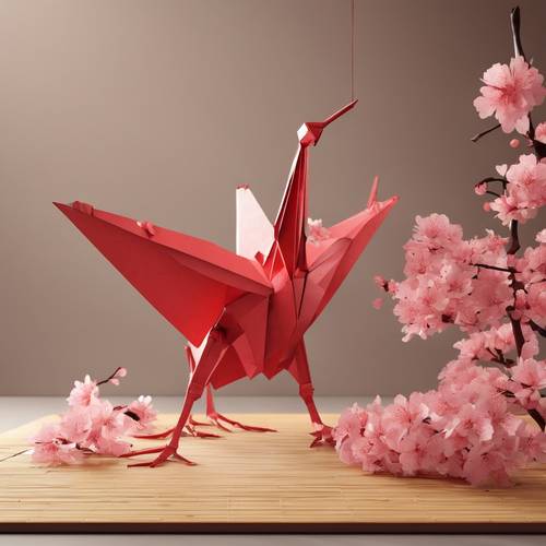 A red, folded paper crane with cherry blossoms sprinkled around on a bamboo mat.