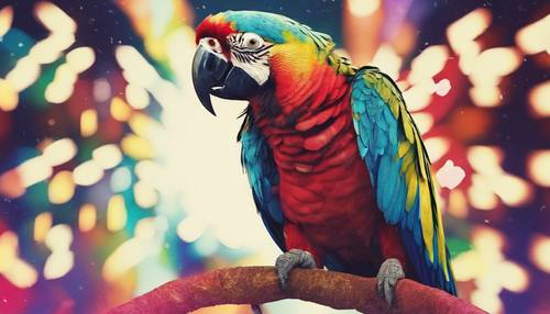 Rendu pop art d&#39;un perroquet, avec des couleurs audacieuses et spectaculaires contrastant avec un fond monochrome.