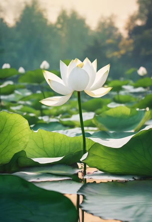 Una pintura vibrante de una flor de loto blanca que florece en un sereno estanque verde.