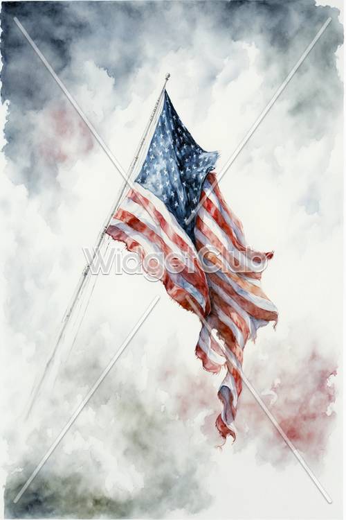 Waving American Flag in Watercolor Style
