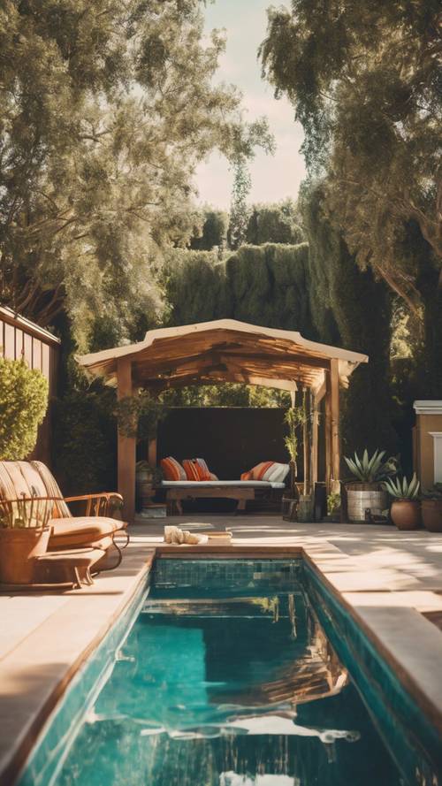 A vintage, colorful and sunlit backyard pool