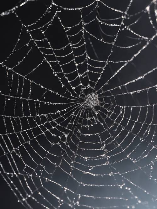 A spider web in the dark glistening with black glitter