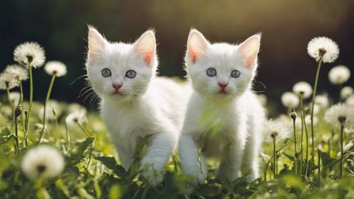 A playful white kitten with bright green eyes hopping around in a field of dandelions.