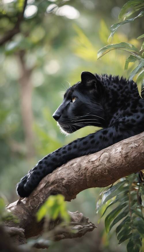 Una fotografía artística de un guepardo negro recostado perezosamente en la rama de un árbol en la jungla.