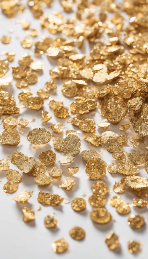 A storm of gold glitter pieces against a stark white background.