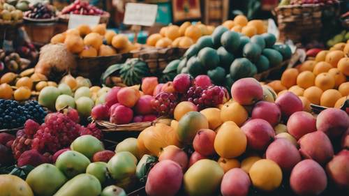 Citações estéticas compostas de frutas coloridas e exóticas em um mercado.