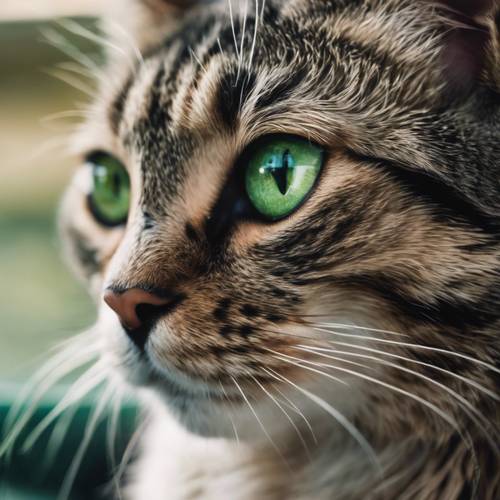 Um gato com olhos verdes escuros incomuns olhando atentamente para alguma coisa.
