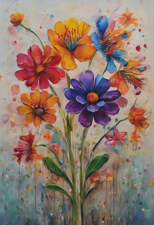 A whimsical painting of dancing Mexican flowers on a canvas, brushstrokes evident.