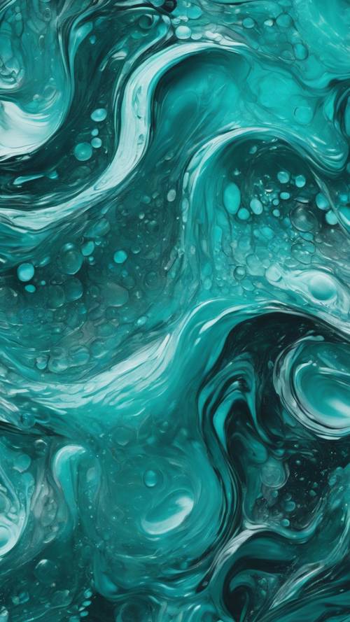 Pintura abstrata com ondas rodopiantes em tons de azul-petróleo fresco.